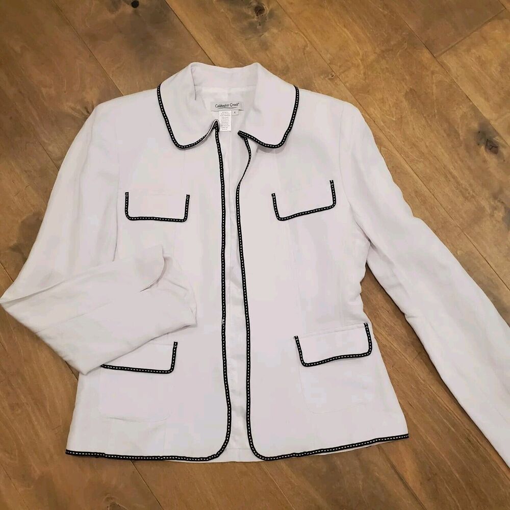 Coldwater Creek Linen Blend Blazer Sz 6 White With Black Detailing